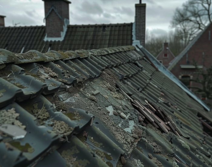 Beschadigd dak met losse dakpannen voorafgaand aan reparatie